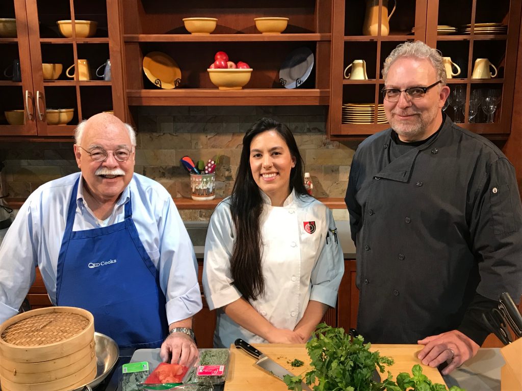 QED Cooks Host Chris Fenimore, guest Chef Jamilka Borges and 2019 Camp Delicious! Director Chef Roger Levine